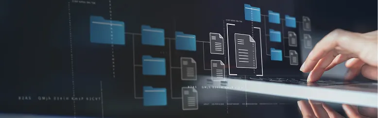 Hand interacting with a digital tablet displaying floating blue folders and document icons on dark background.