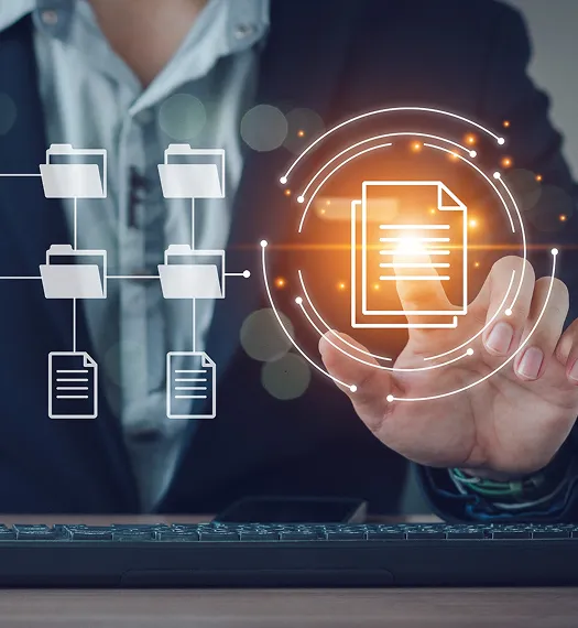 Person in business attire interacting with digital file and folder icons on transparent interface.