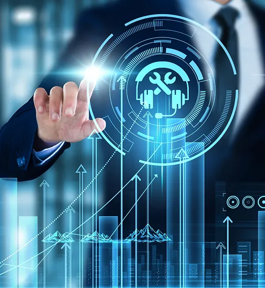Businessman in suit interacting with virtual technical support and data analytics interface.