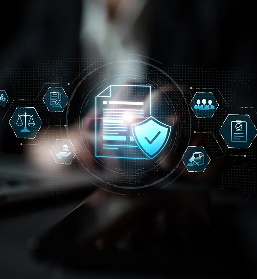 Digital security interface showing document with shield, legal scales, and compliance icons.